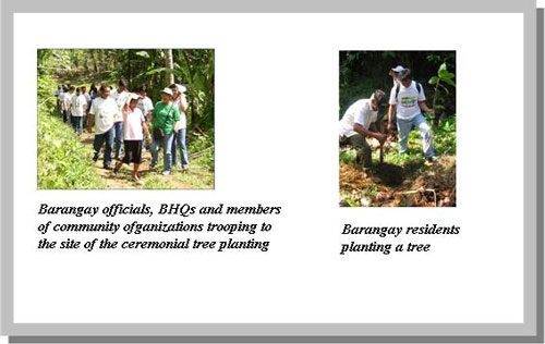 Barangay officials, BHQs and members of community ofganizations trooping to the size of the ceremonial tree planting (left) and Barangay residents plamting a tree (right)